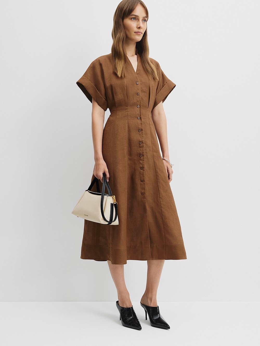 New Country Road Chestnut A-Line Button-Front Midi Dress